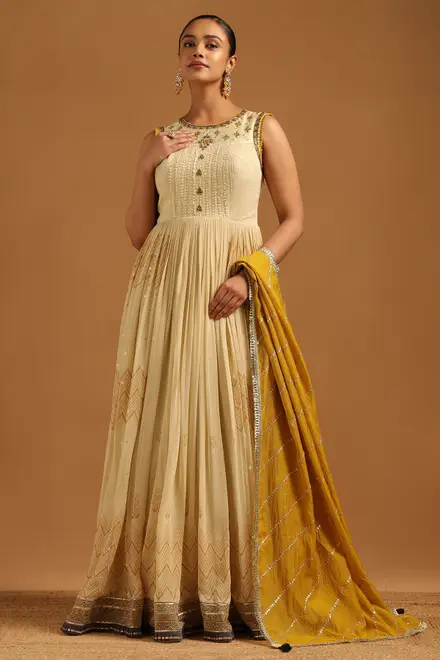 Beige Georgette Geometric Gown With Hand Embroidery and Cutdana Details